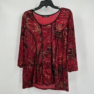 Only Nine Womens Top Size L‎ Red Black Burnout Velvet Whimsigoth Romantic Y2K